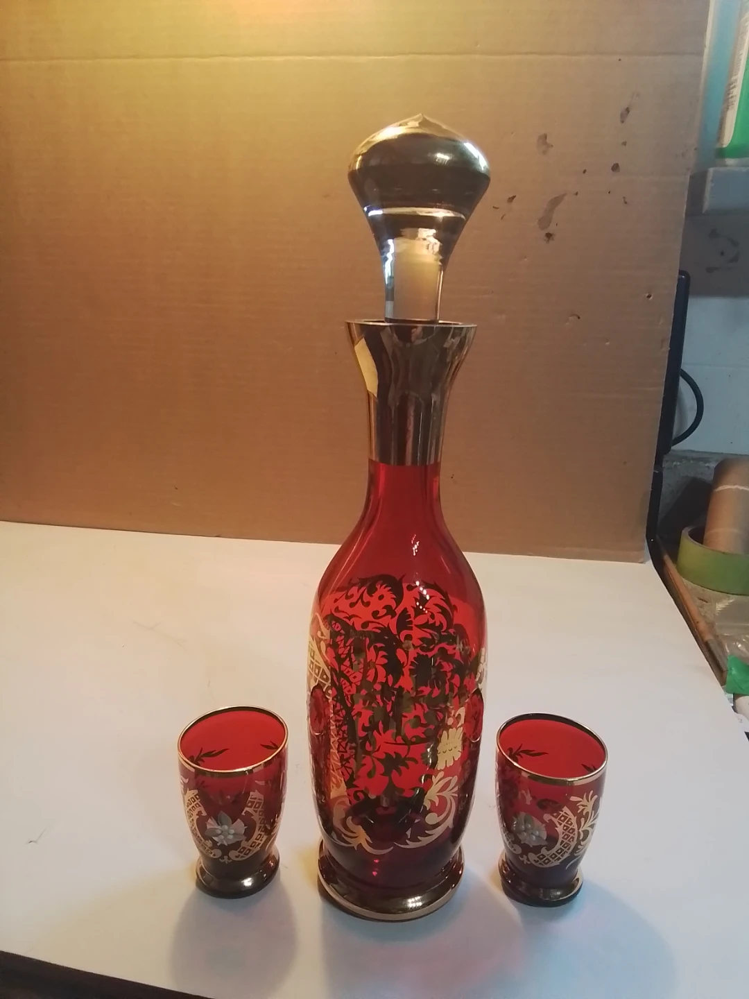 Vintage Mid-Century Bohemian Ruby Red Glass Decanter & 2 - photo 3