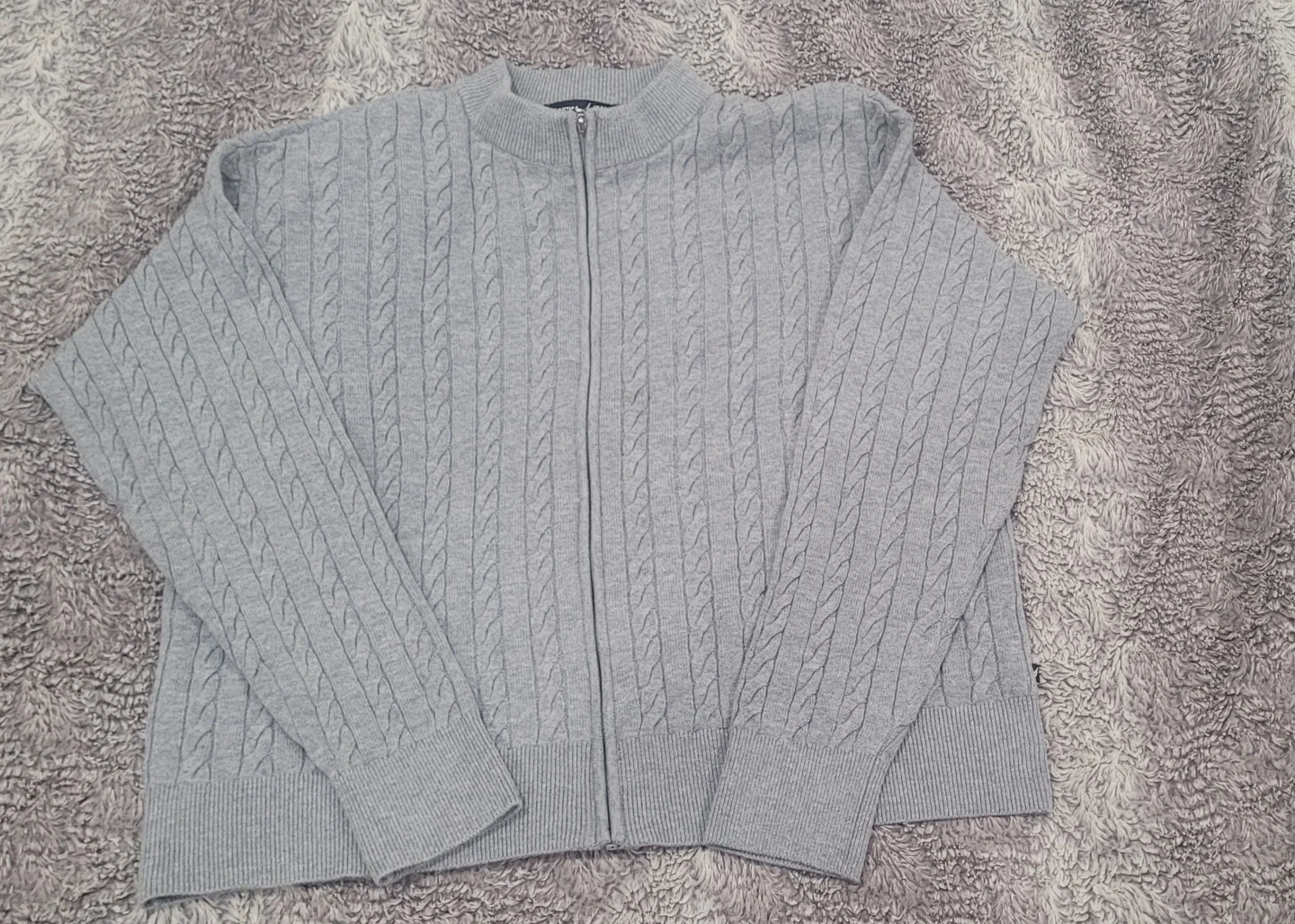 Grey Cable Knit Zip-Up Sweater