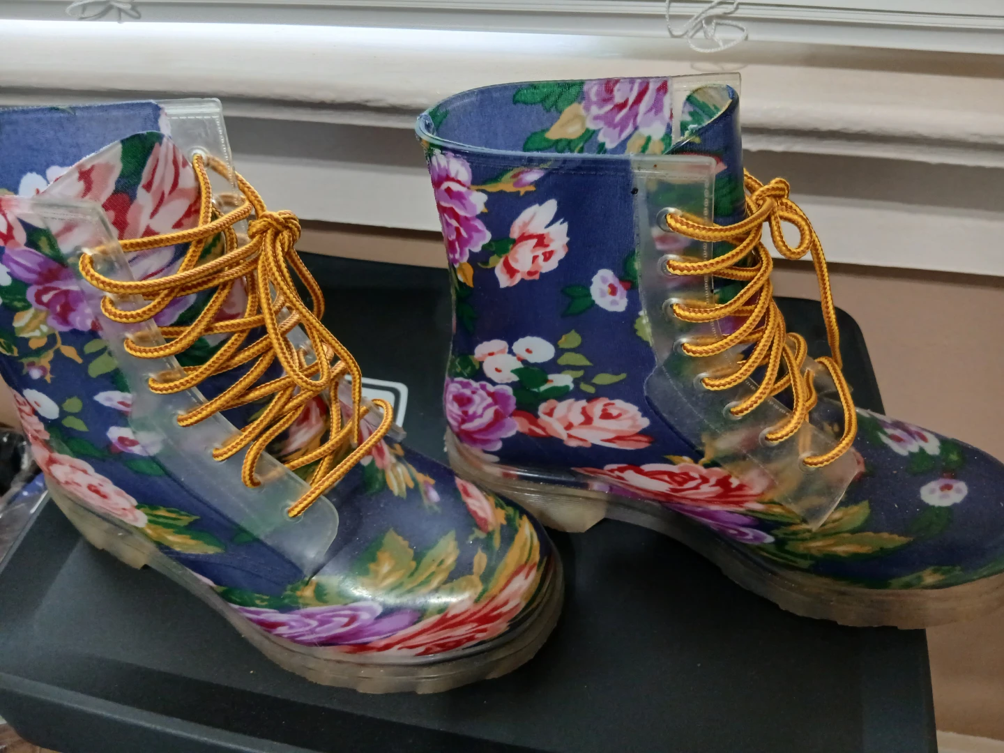 Floral Rain Boots with Yellow Laces