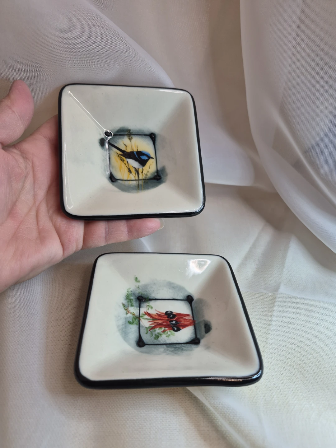 Pair of Hand Painted 3 1/2" x 3 1/2" Pottery Trinket Sauce Etc.