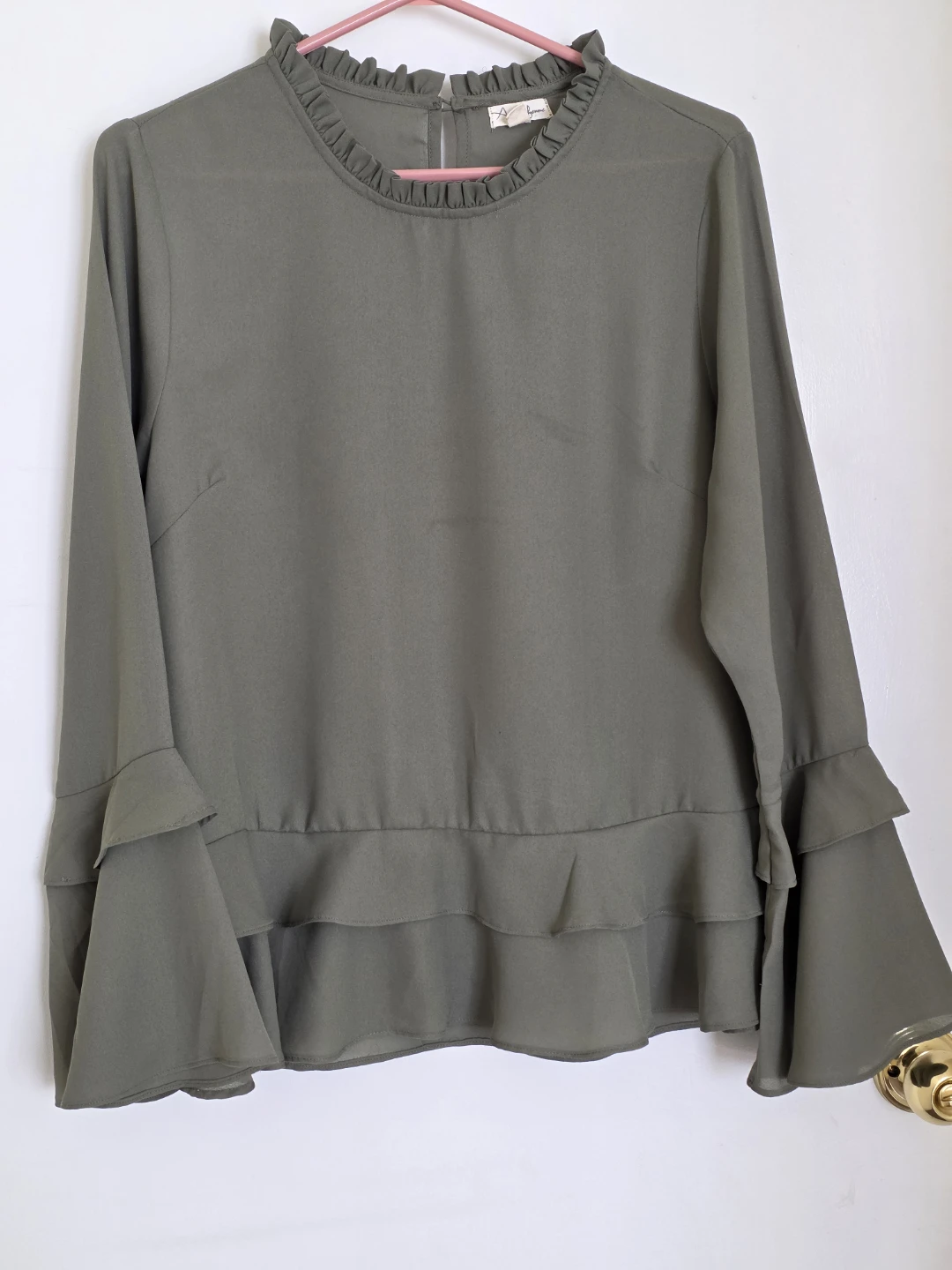 Olive Green Ruffled Sleeve Blouse - Medium