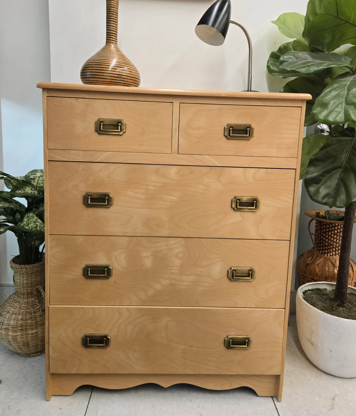 Vintage 5 Drawer Tallboy Dresser With Brass Pull Handles - photo 2