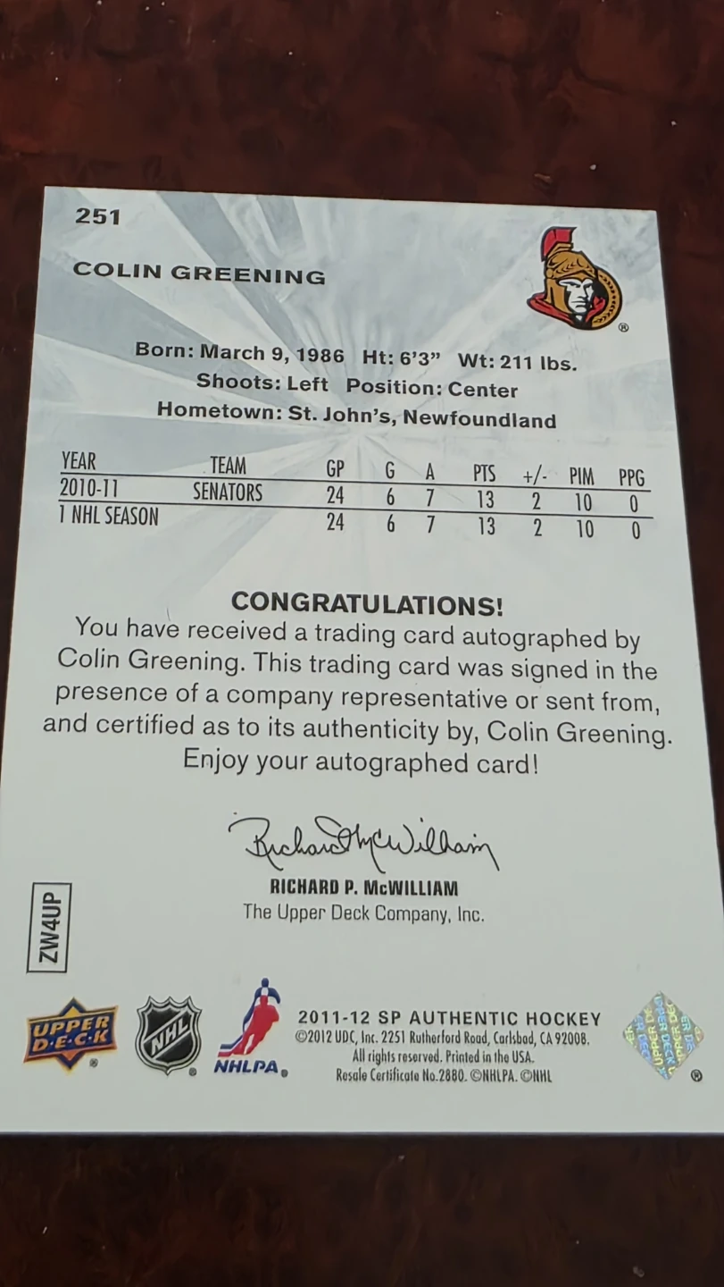 Future Watch Colin Greening Autographed Hockey Card 239/999 - photo 2