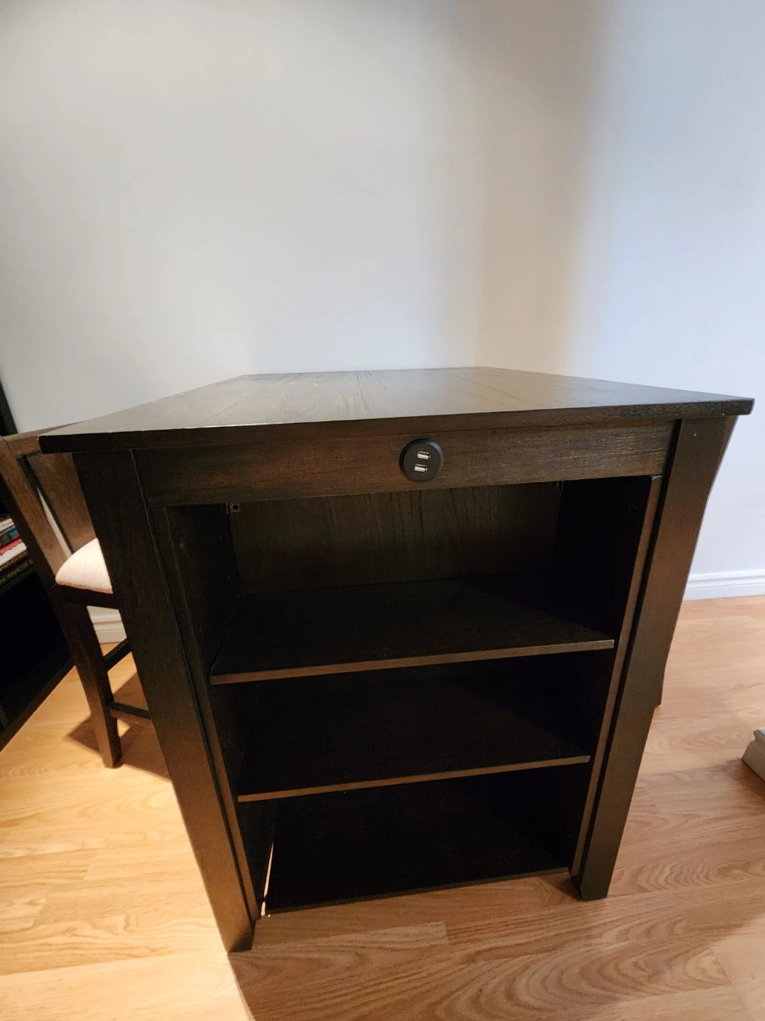 Dark Wood Counter Height Table with Built-in Shelves
