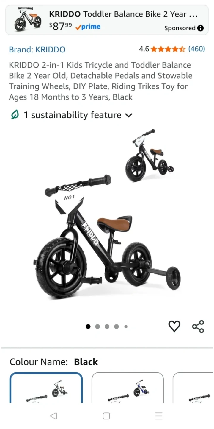 Brandnew KRIDDO 2-in-1 Kids Tricycle and Balance Bike