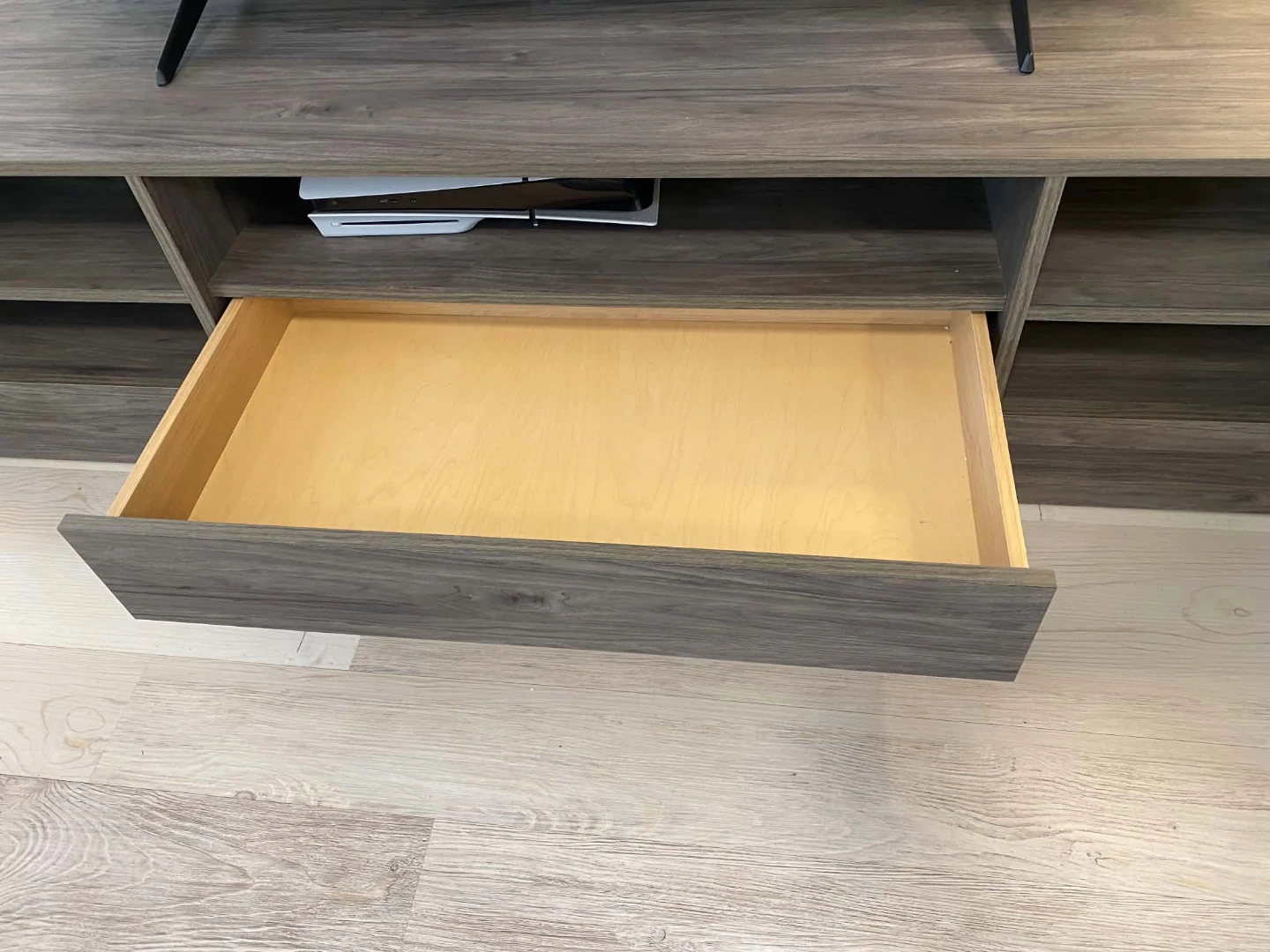 Grey Wood TV Stand with Drawer and Shelves - photo 2