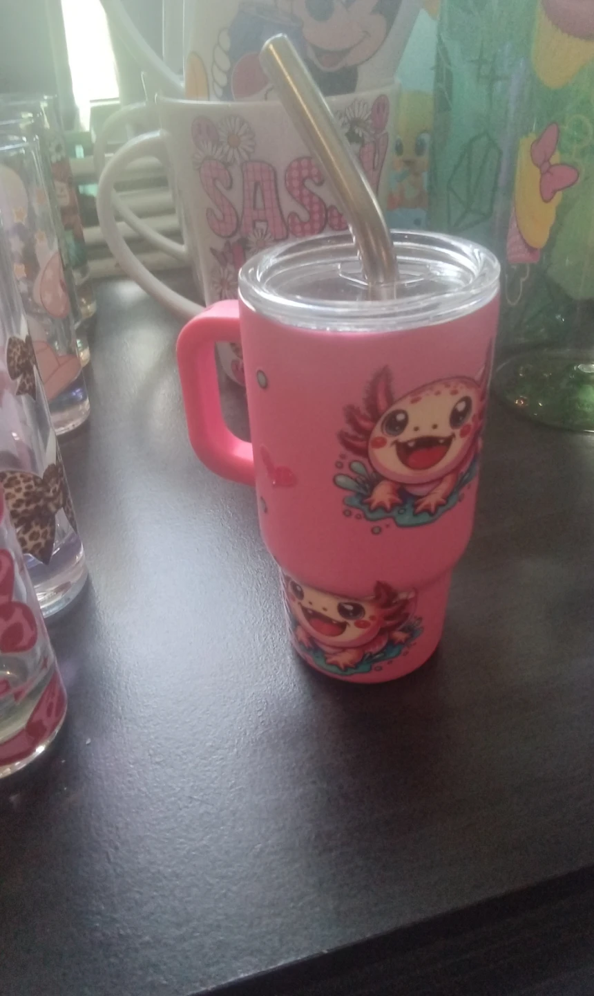 Pink Axolotl Tumbler with Handle and Straw