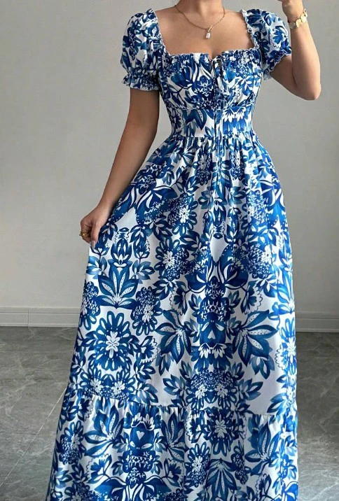 Blue and White Floral Maxi Dress