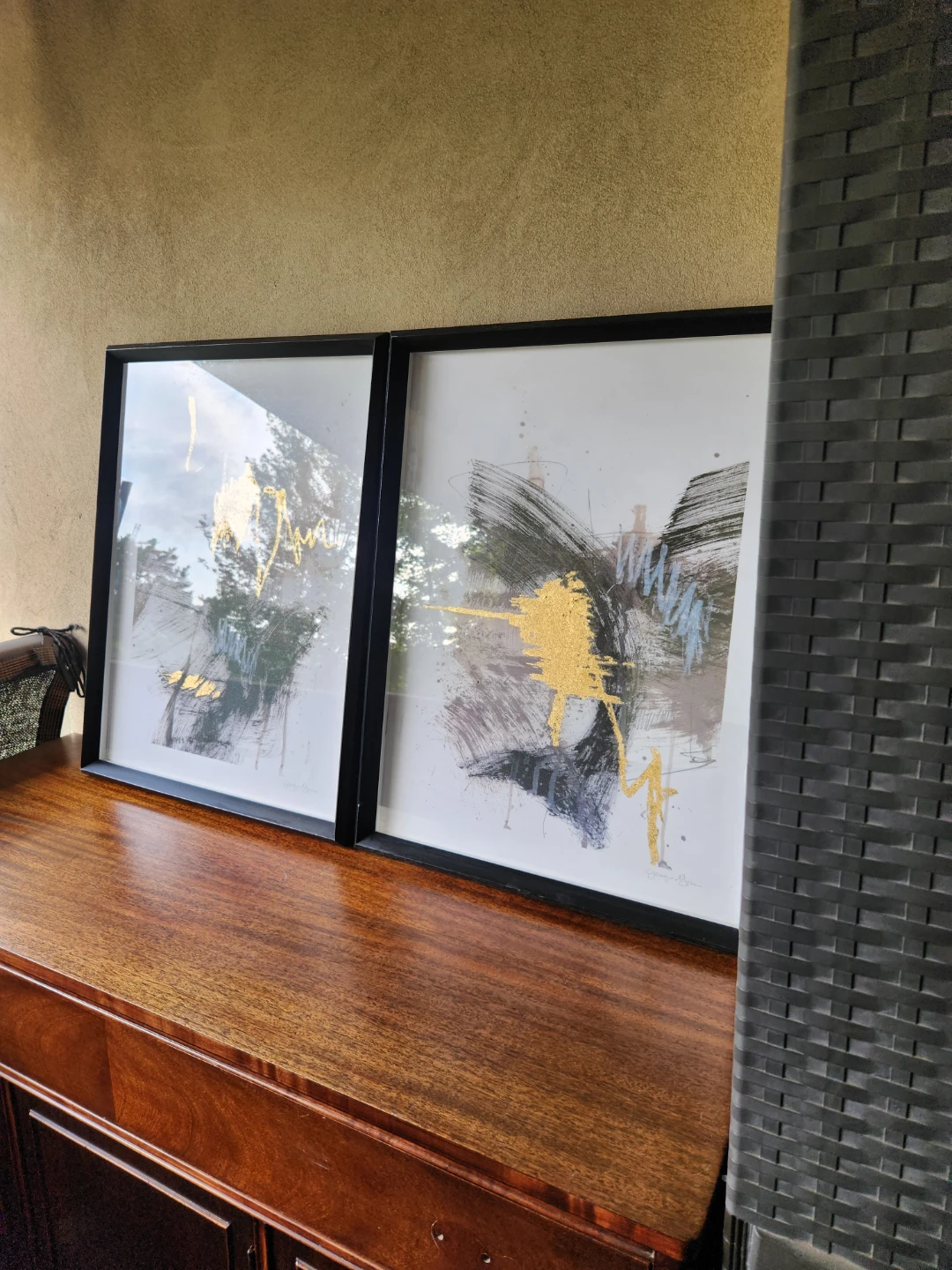 Set of 2 Abstract Framed Art Prints Gold Black Blue - photo 2