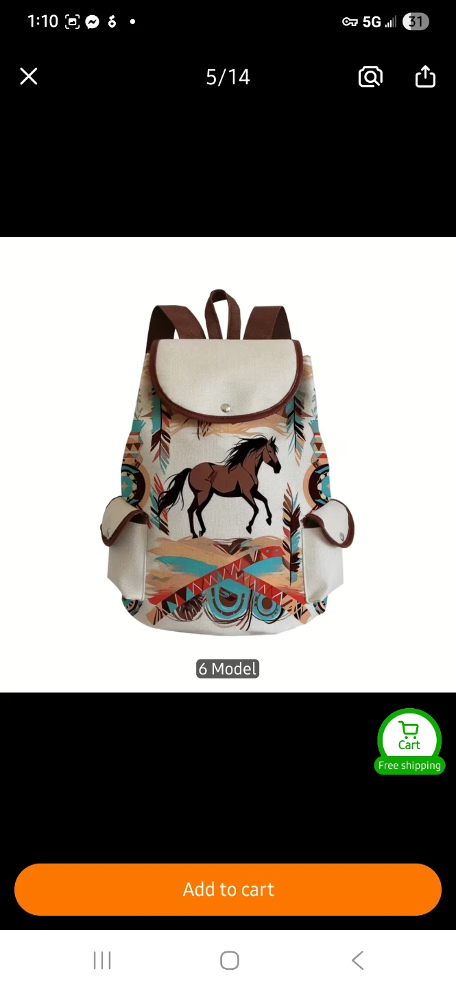 Canvas Drawstring Backpack with Horse Graphic