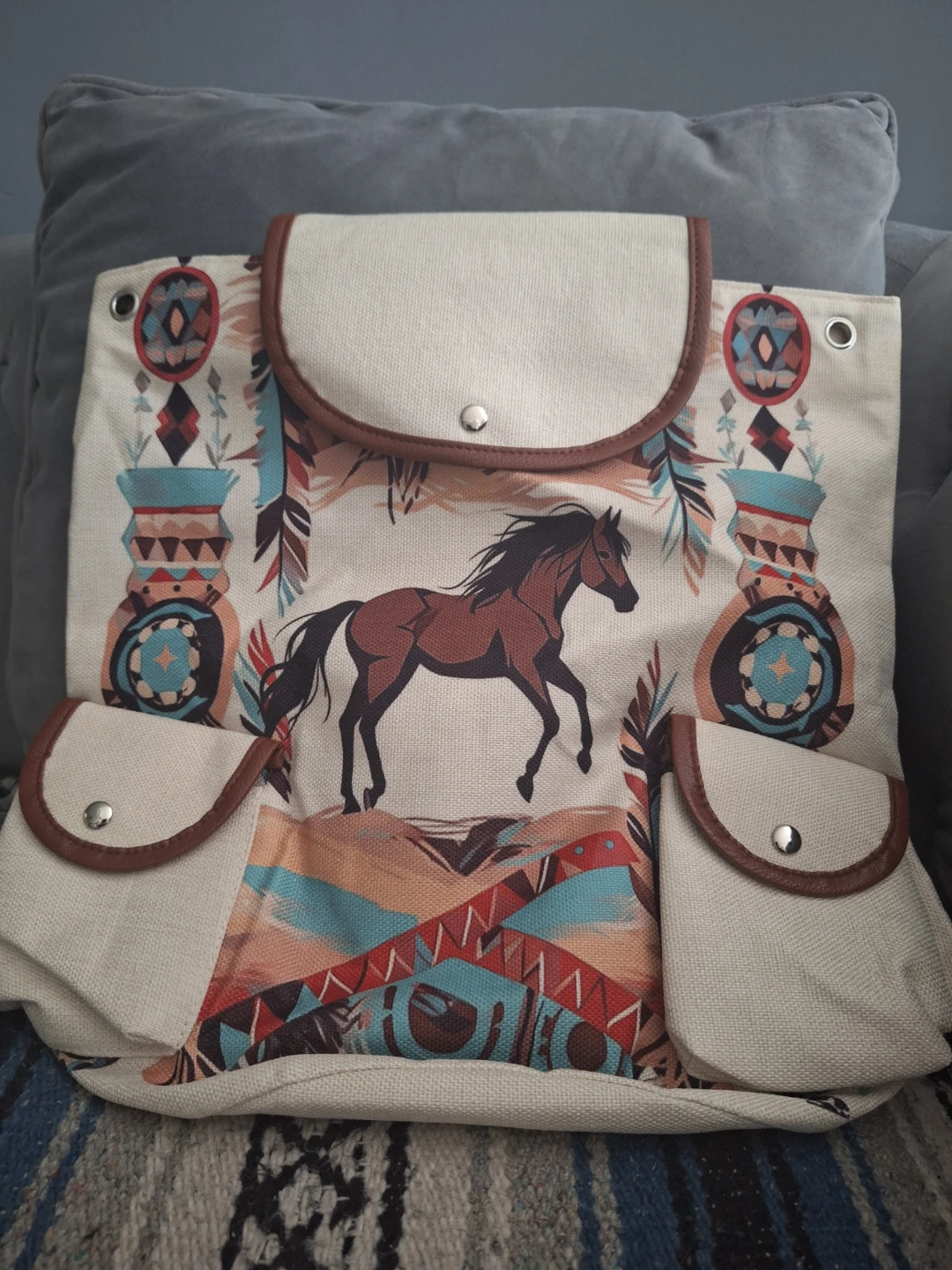 Canvas Drawstring Backpack with Horse Graphic - photo 3