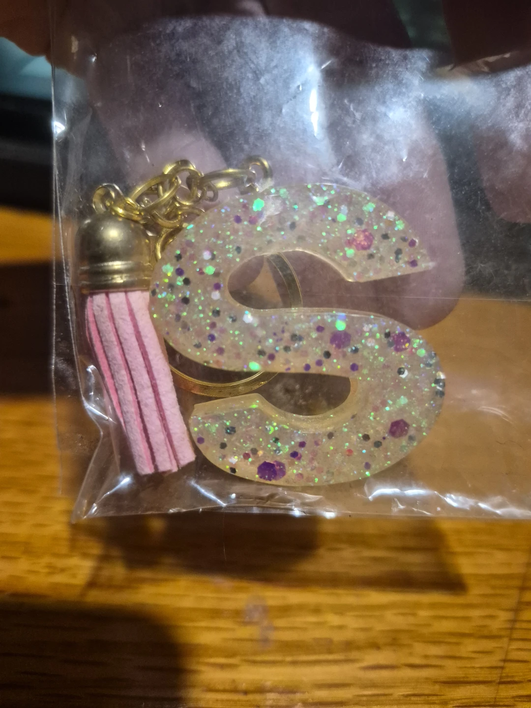 Letter S Keychain with Pink Tassel