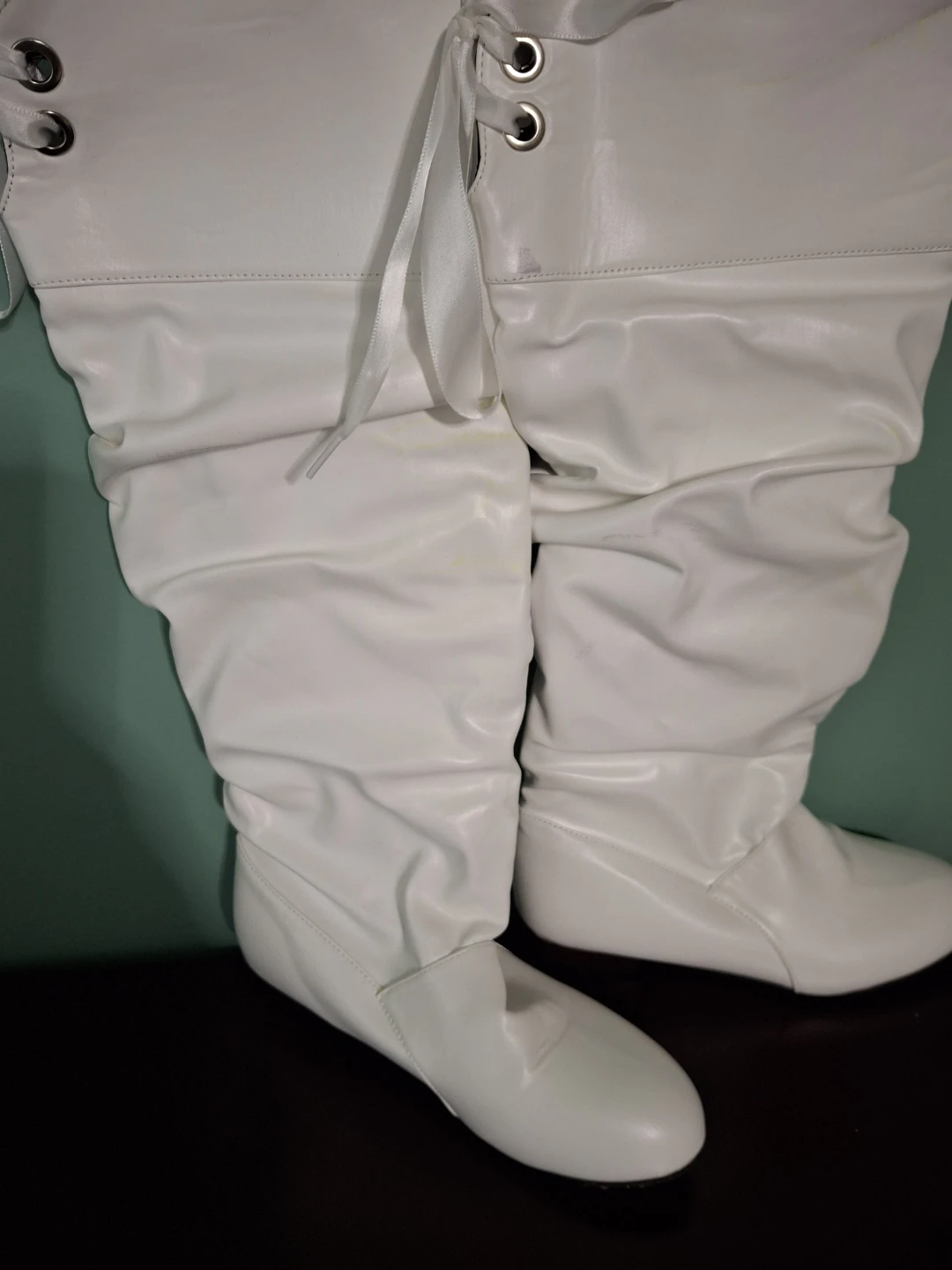 White Slouchy Boots with Ribbon Laces