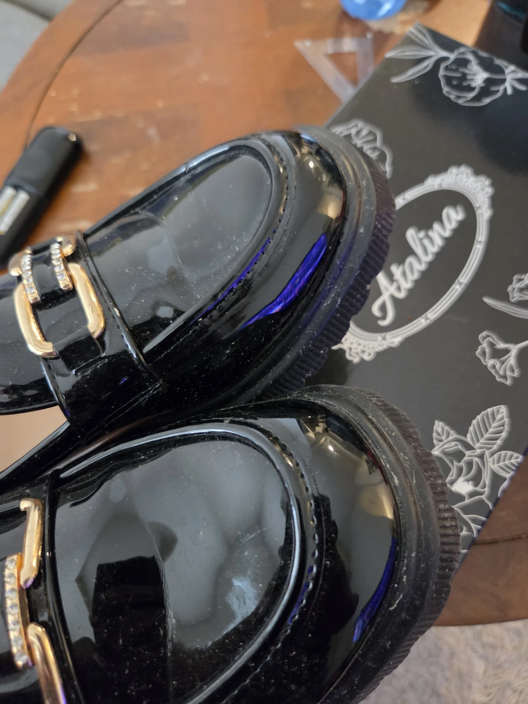 Atalina Black Patent Loafers with Gold Buckle - photo 3