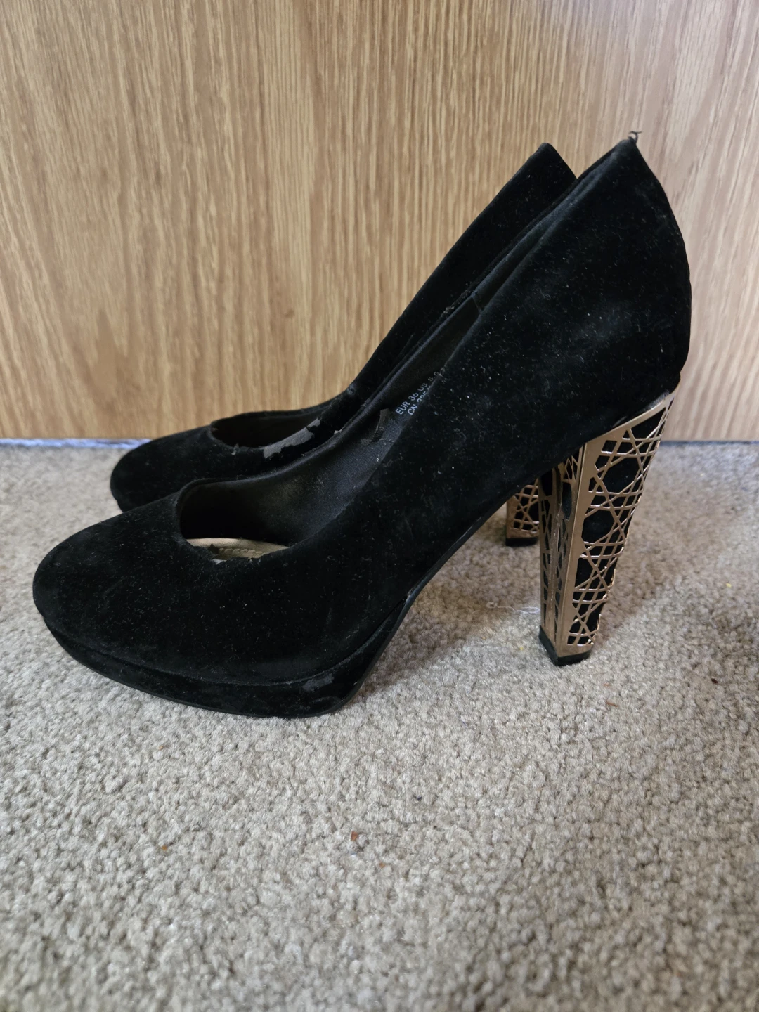 H&M Black Velvet Heels with Gold Cage Detail - photo 5