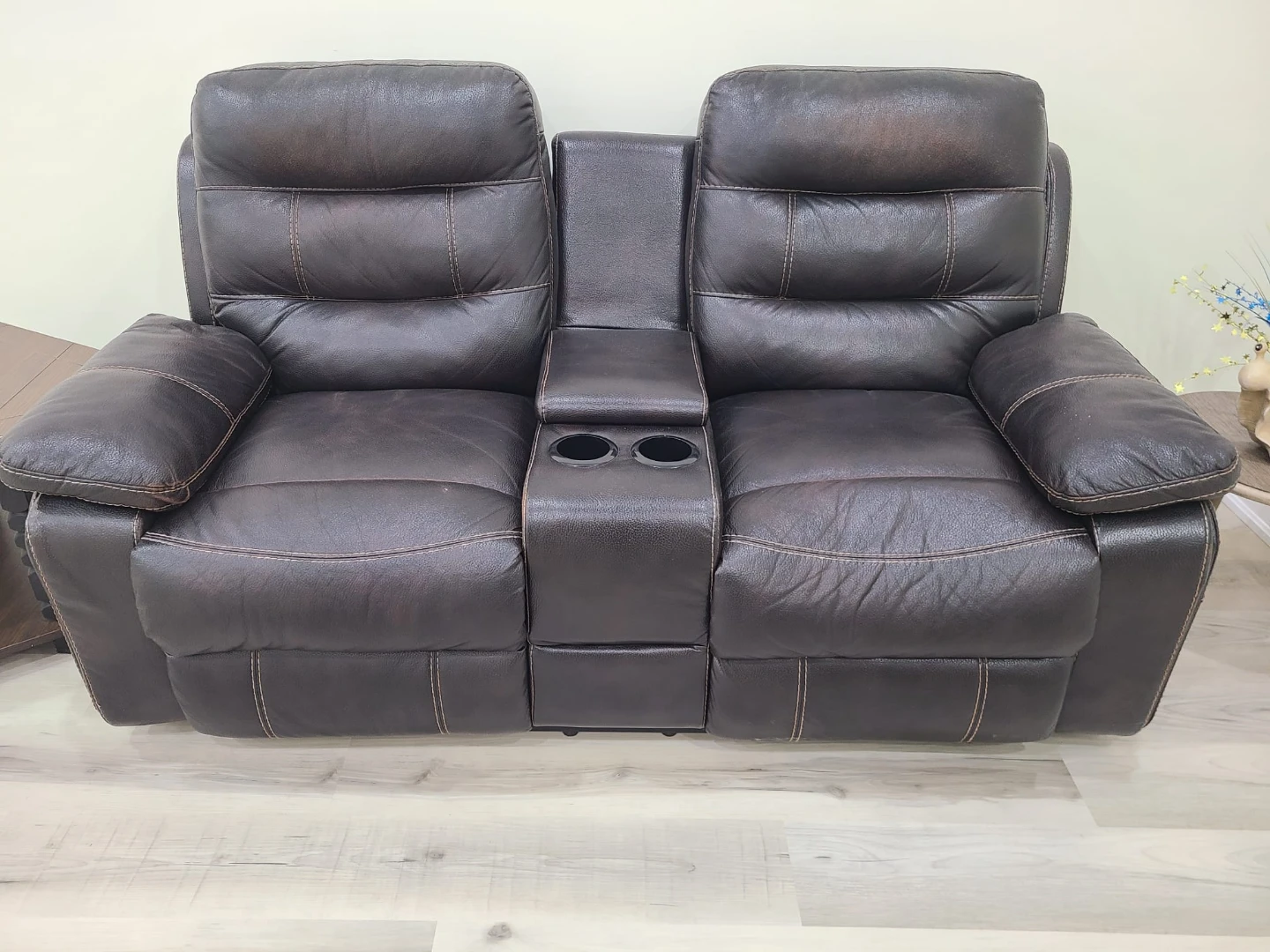 Brown Leather Loveseat Recliner with Cup Holders