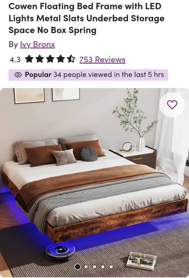 Floating Bed Frame with LED Lights and Storage