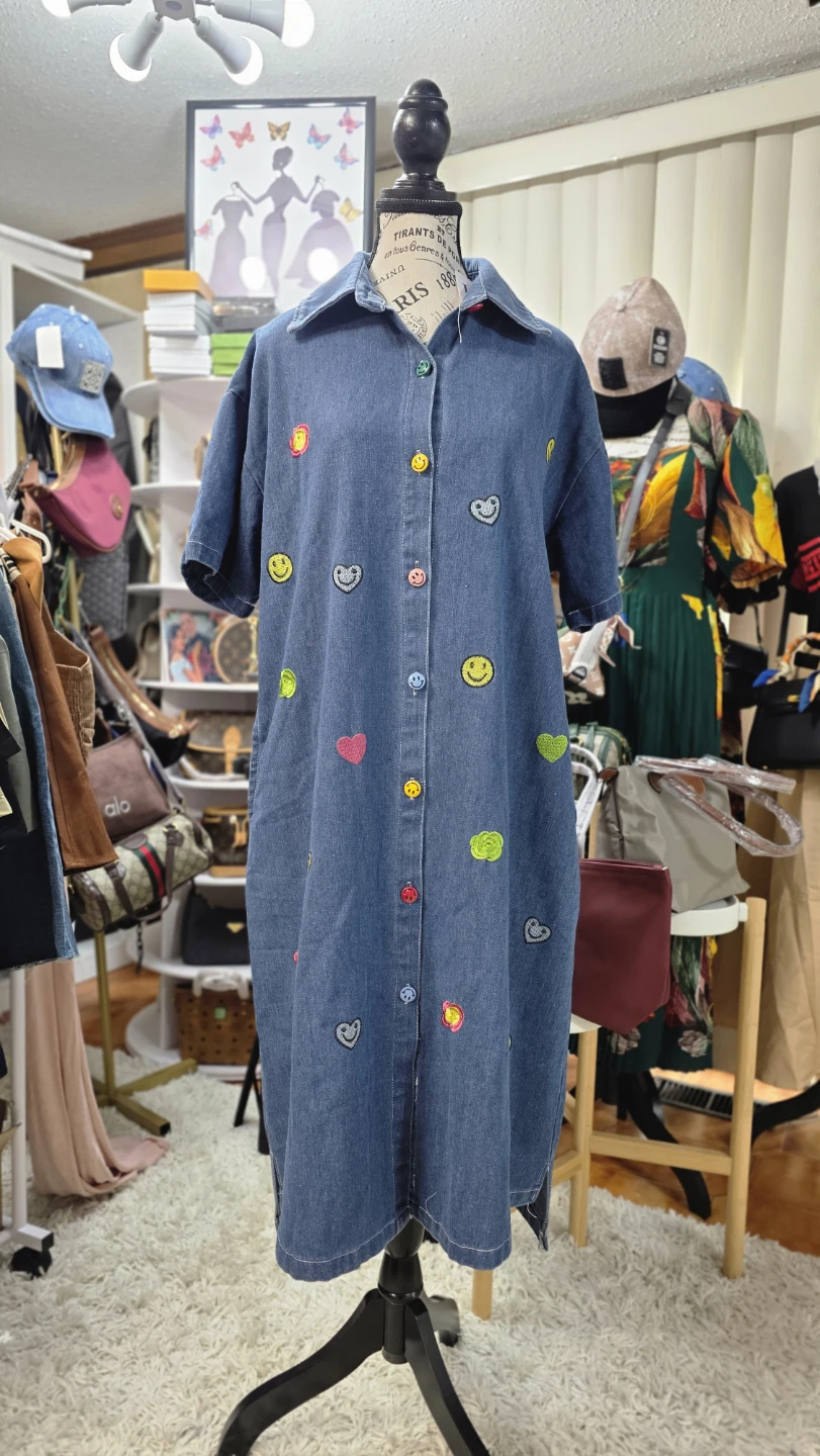 Denim Dress with Smiley Face and Heart Patches