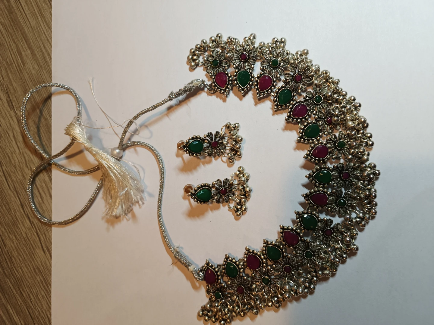 Silver Necklace and Earring Set with Green and Red Stones