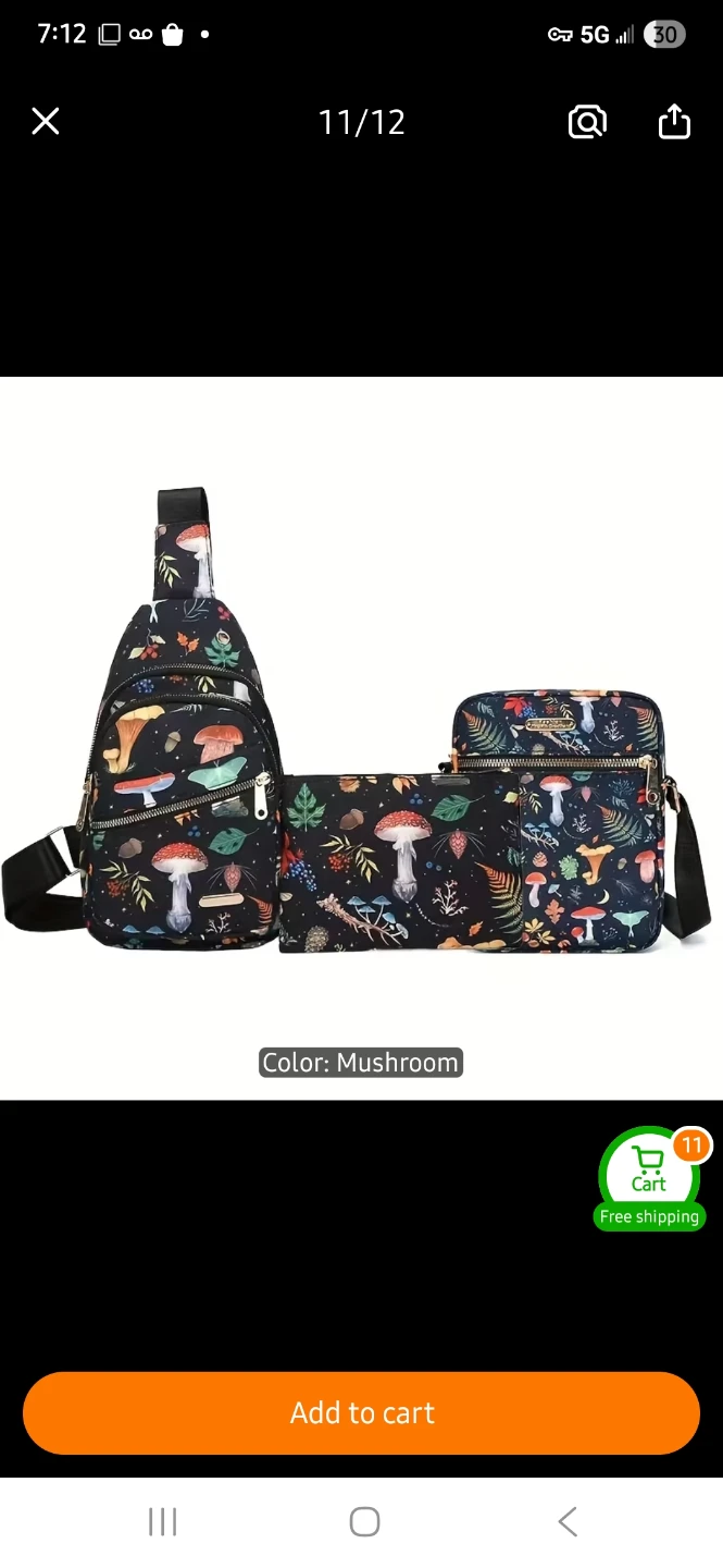 3 Piece Fashion Bag Set - Mushroom Print 🍄