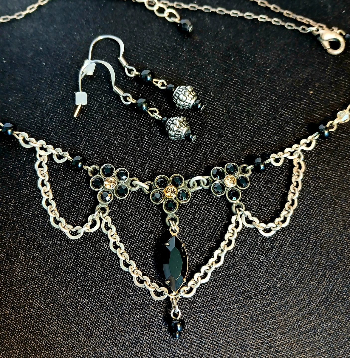 Silver Tone Necklace and Earring Set with Black Gems - photo 2