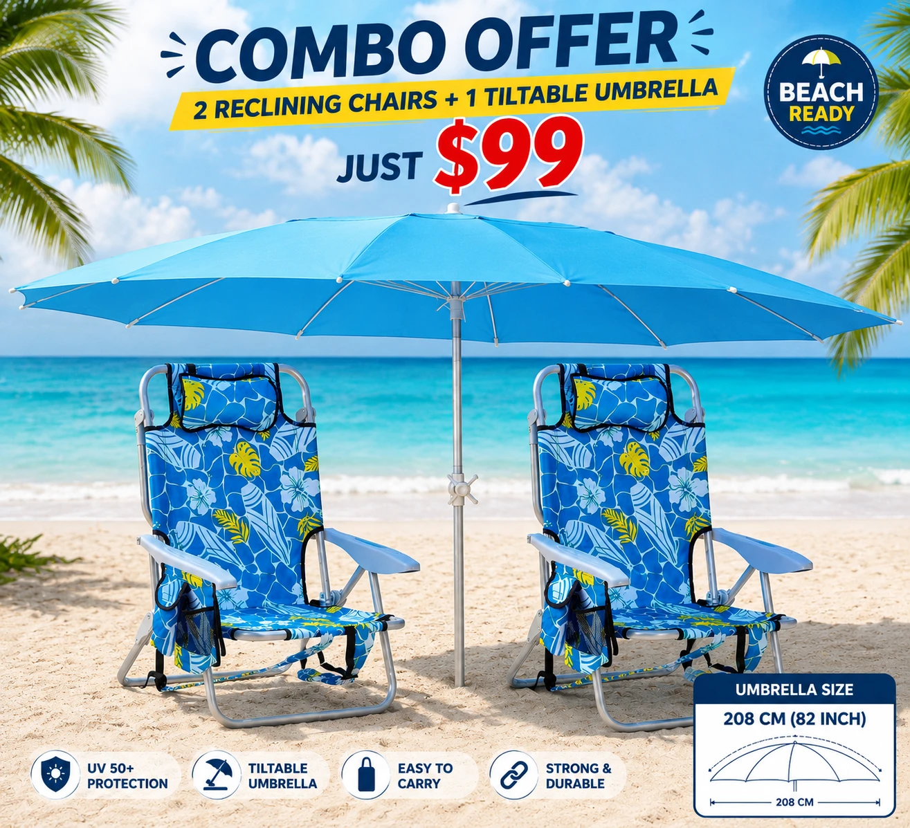Beach Combo 3<>> 2 Reclining Beach Chairs + 1 Tiltable Umbrella