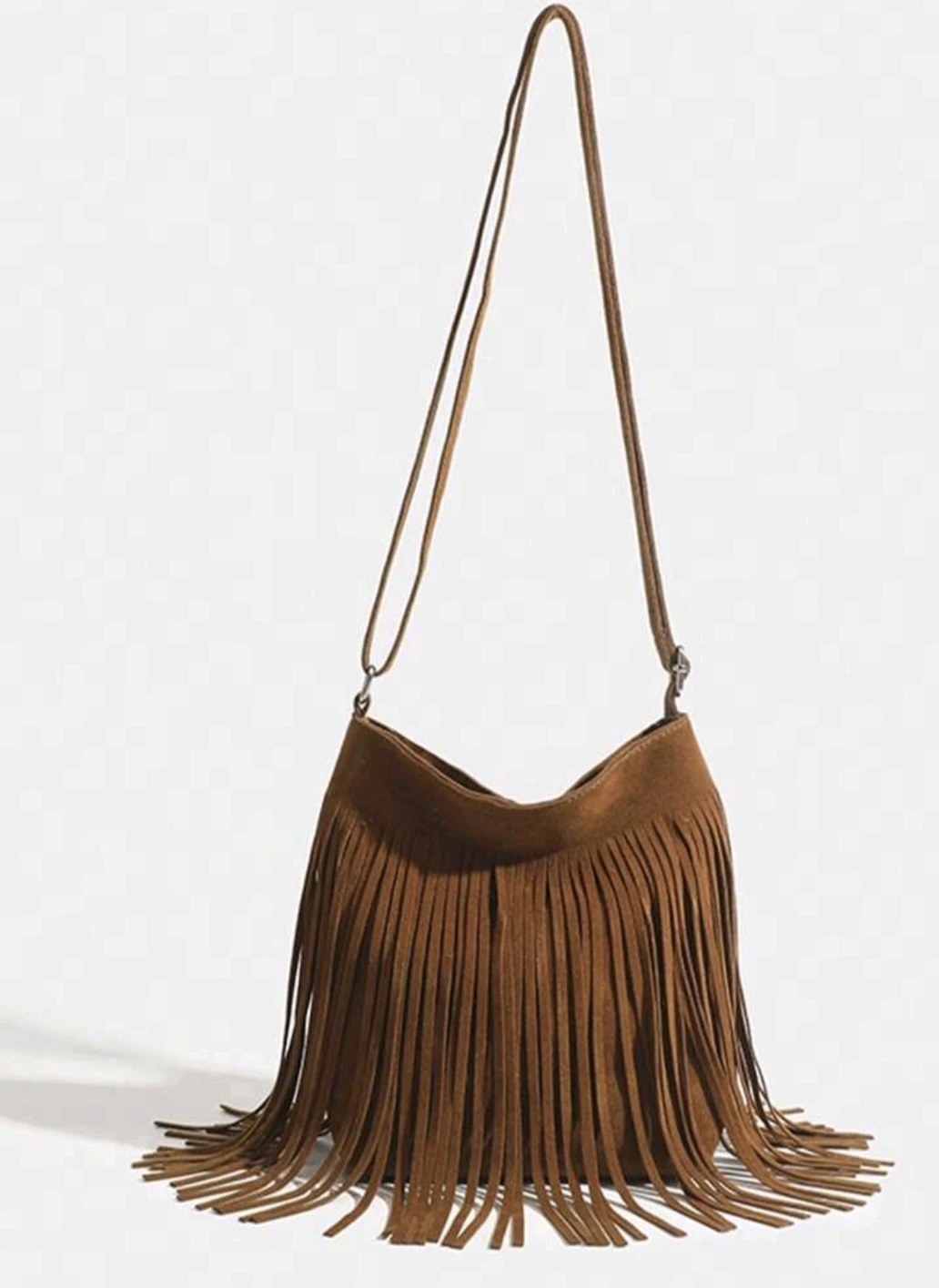 Brown Faux Suede Fringe Shoulder Bag