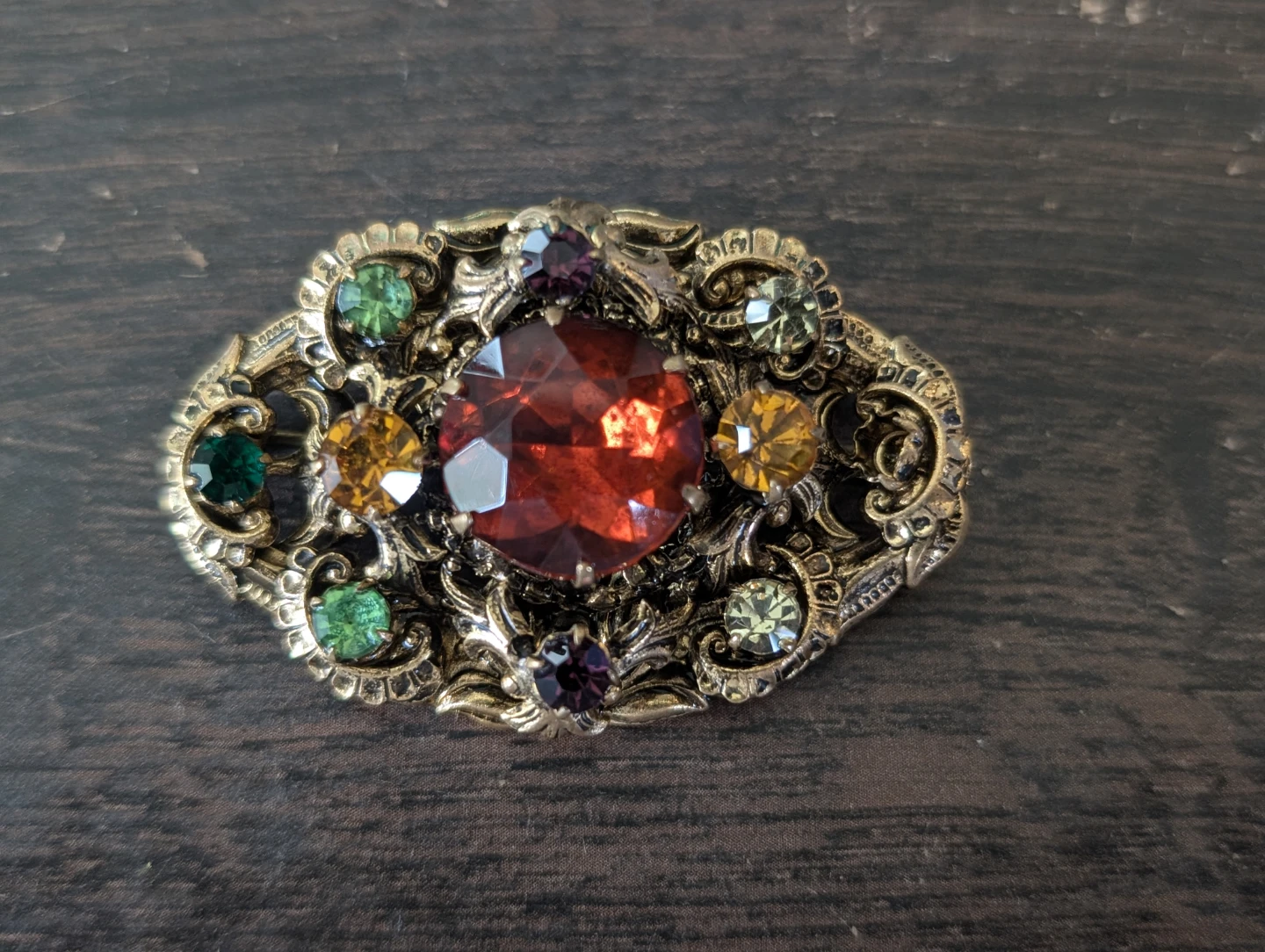 Vintage Ornate Brooch with Red and Green Jewels