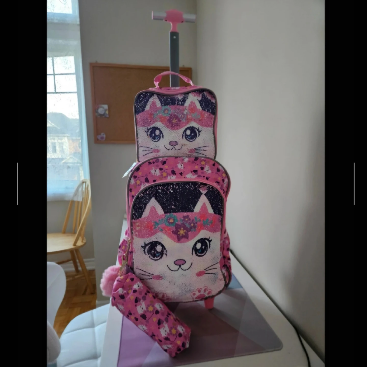 Pink Cat Sequin Rolling Backpack with Lunch Bag & Pencil Case