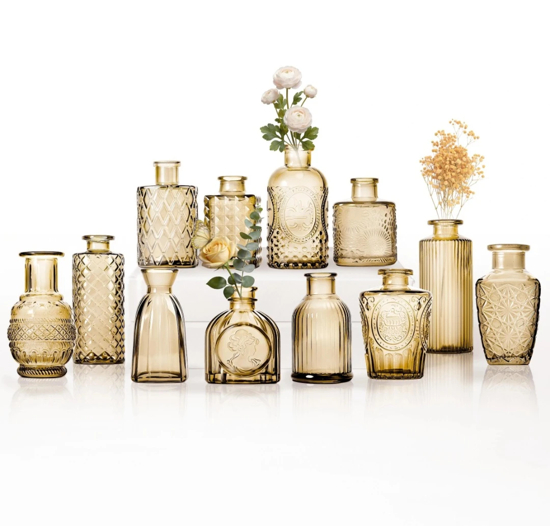 Set of 12 Small Gold  Glass Bud Vases