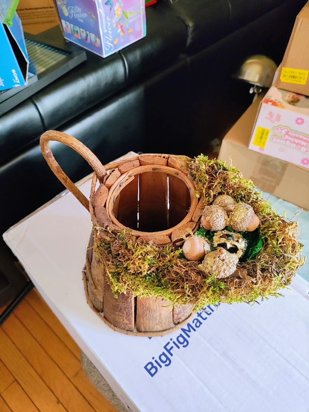 Vintage Rustic Bark Pitcher Planter with Woodland Moss & Acorns - photo 4