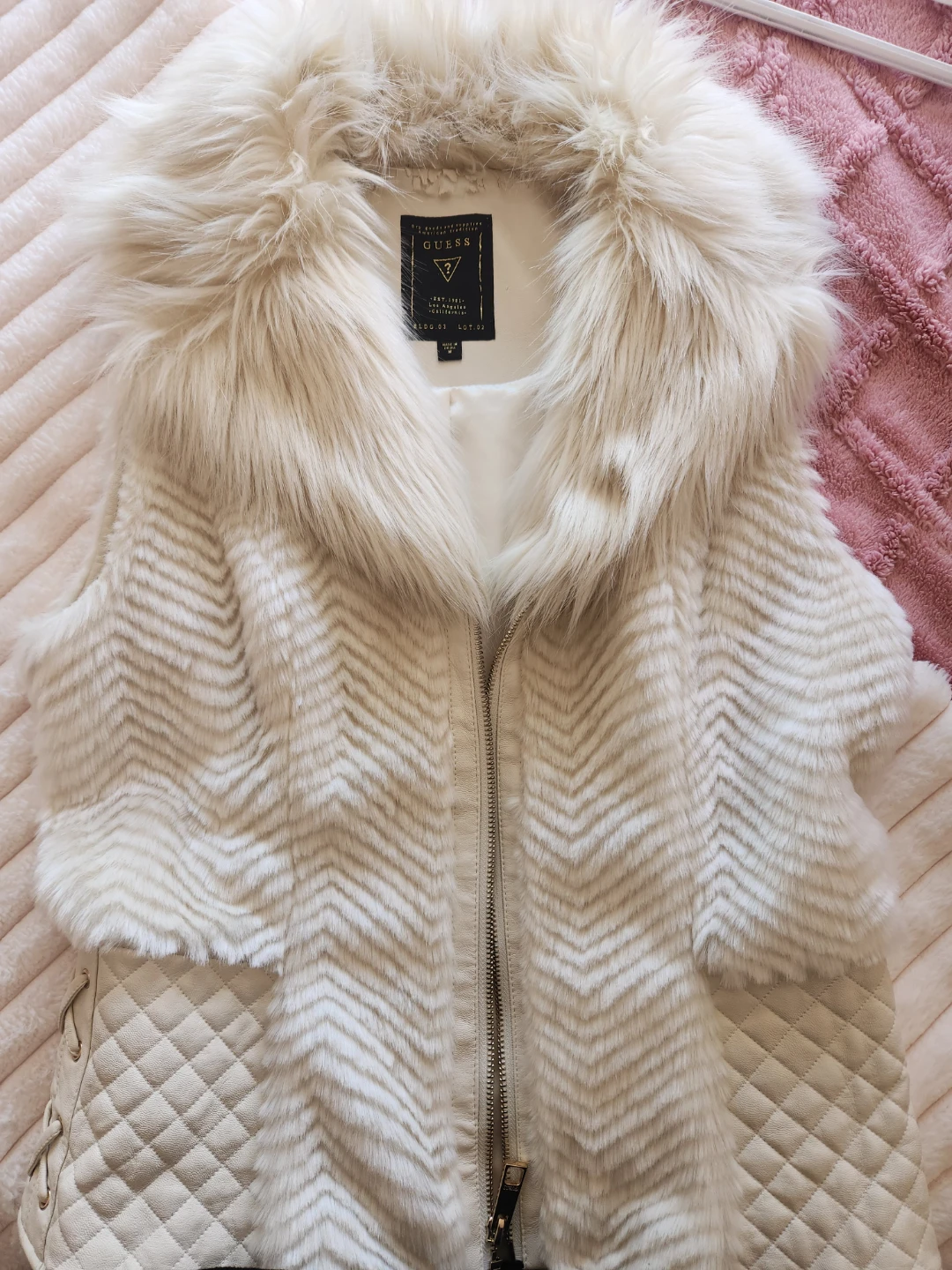 GUESS Cream Faux Fur & Quilted Vest