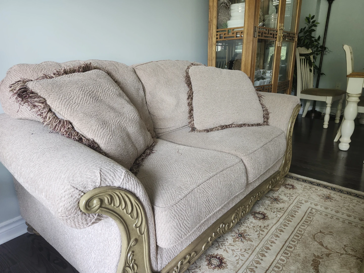 2 Beige Traditional Sofa with Ornate Wood Trim - photo 3