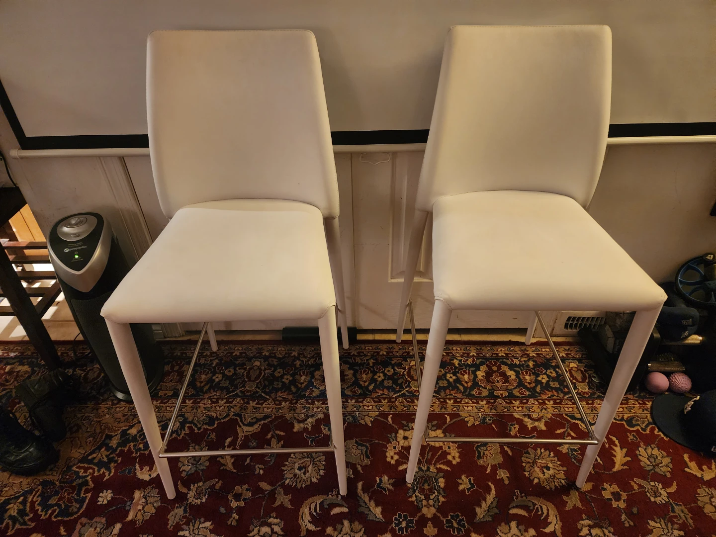 Pair of Structube White Faux Leather Counter Stools