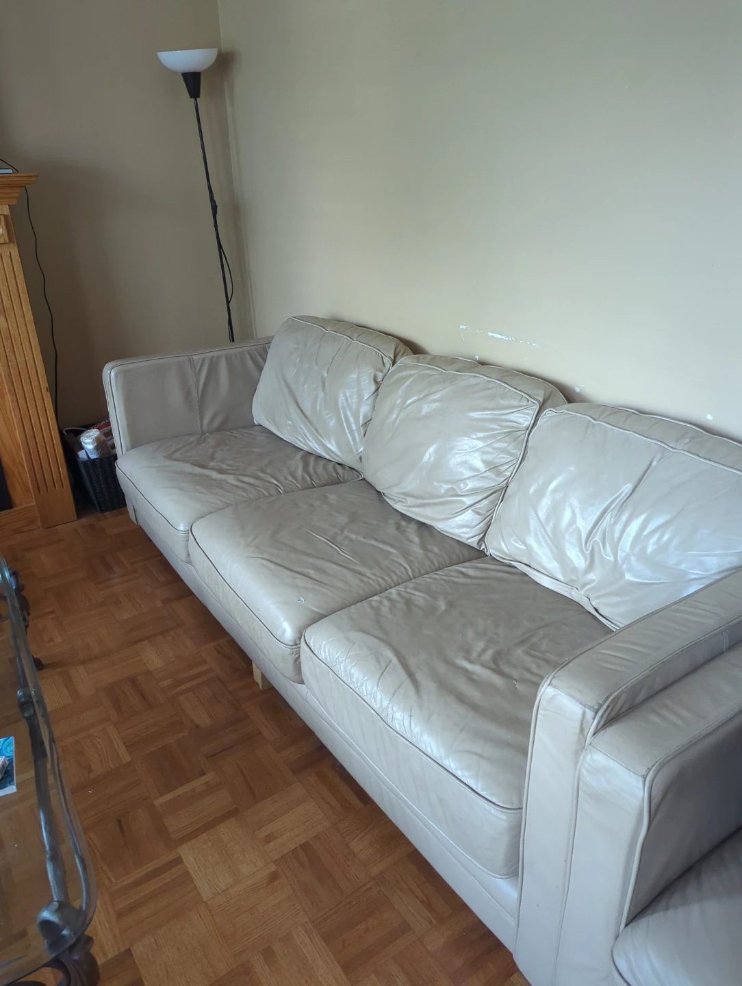 Beige Leather Three-Seater Sofa