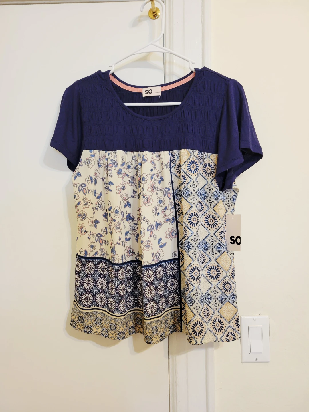 SO Knit to Woven Top Navy Size L