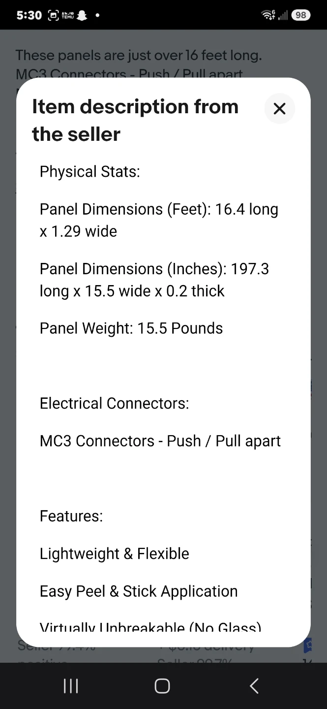 Uni-Solar PVL-116 Flexible Amorphous Solar Panel - 116 Watt - photo 2