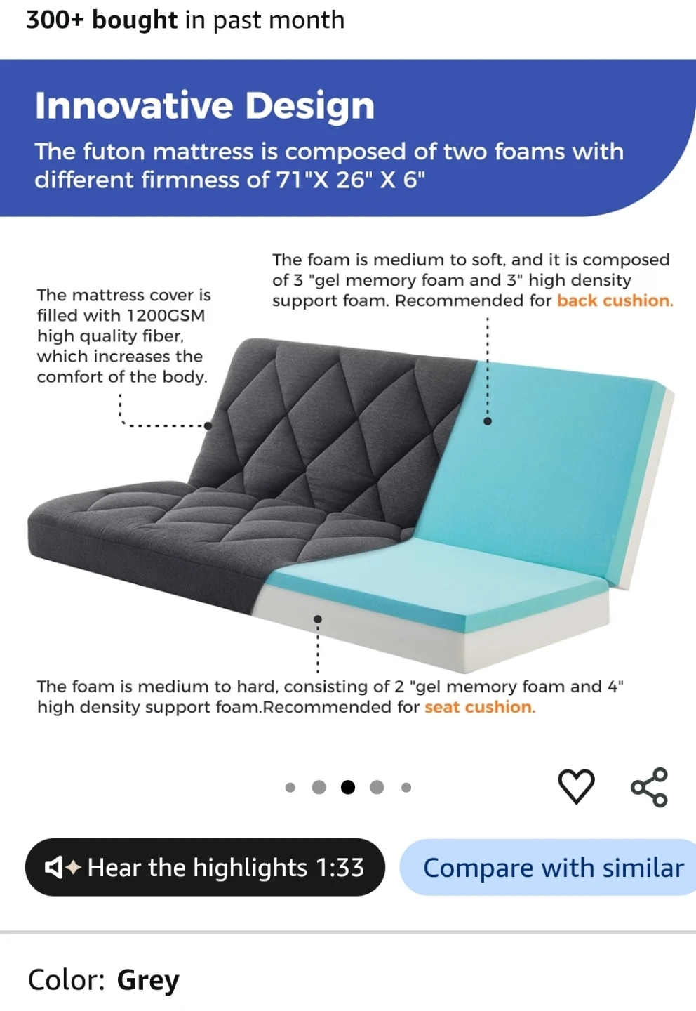 Jamdok 6" Full Size Futon Mattress  - Grey - photo 5