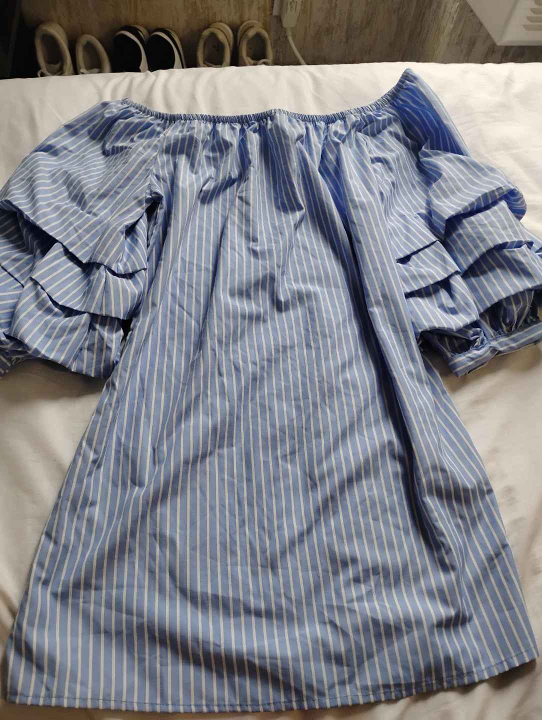 Blue and White Striped Off-Shoulder Top