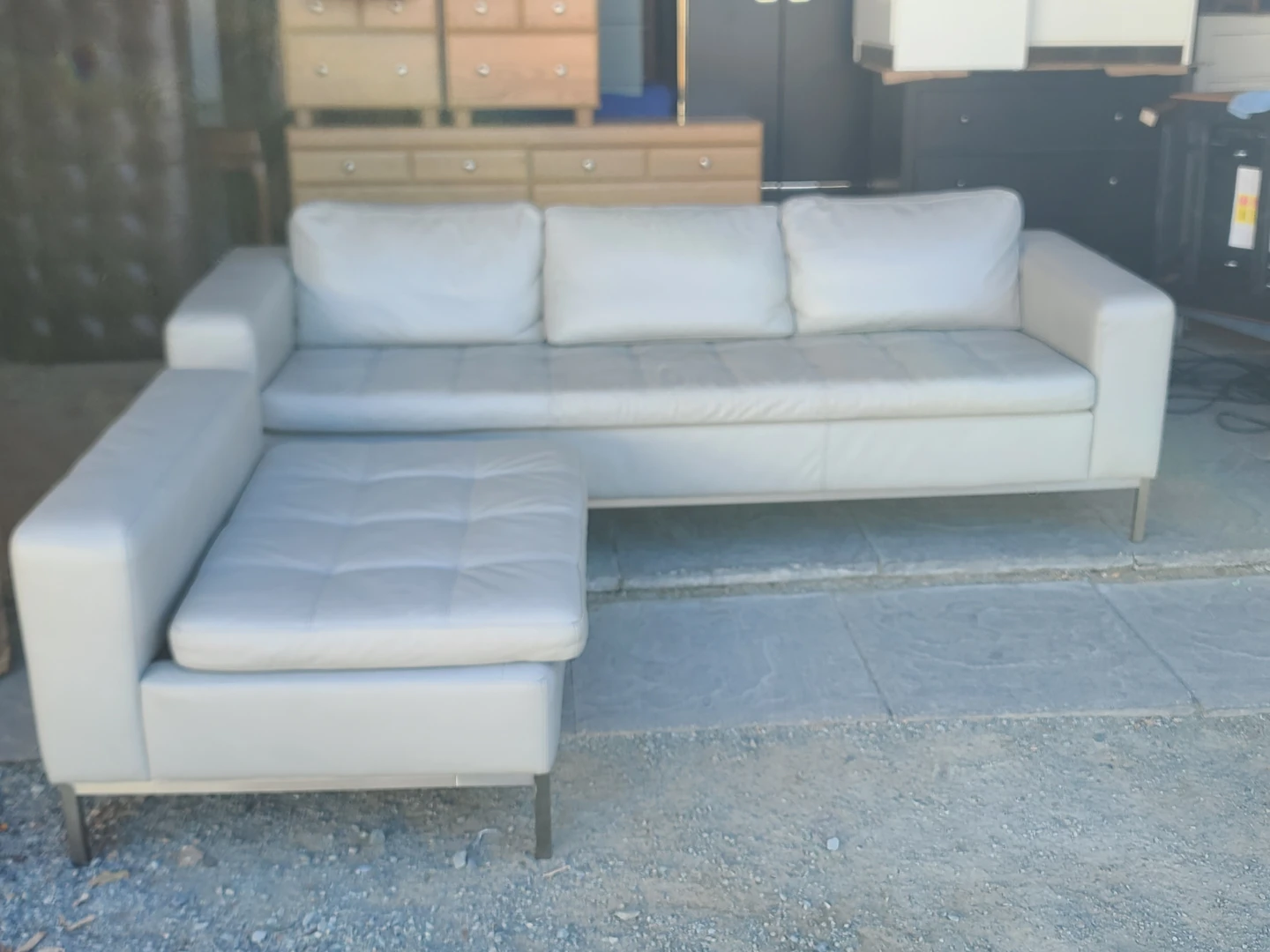 Modern Grey Leather Sofa with Ottoman