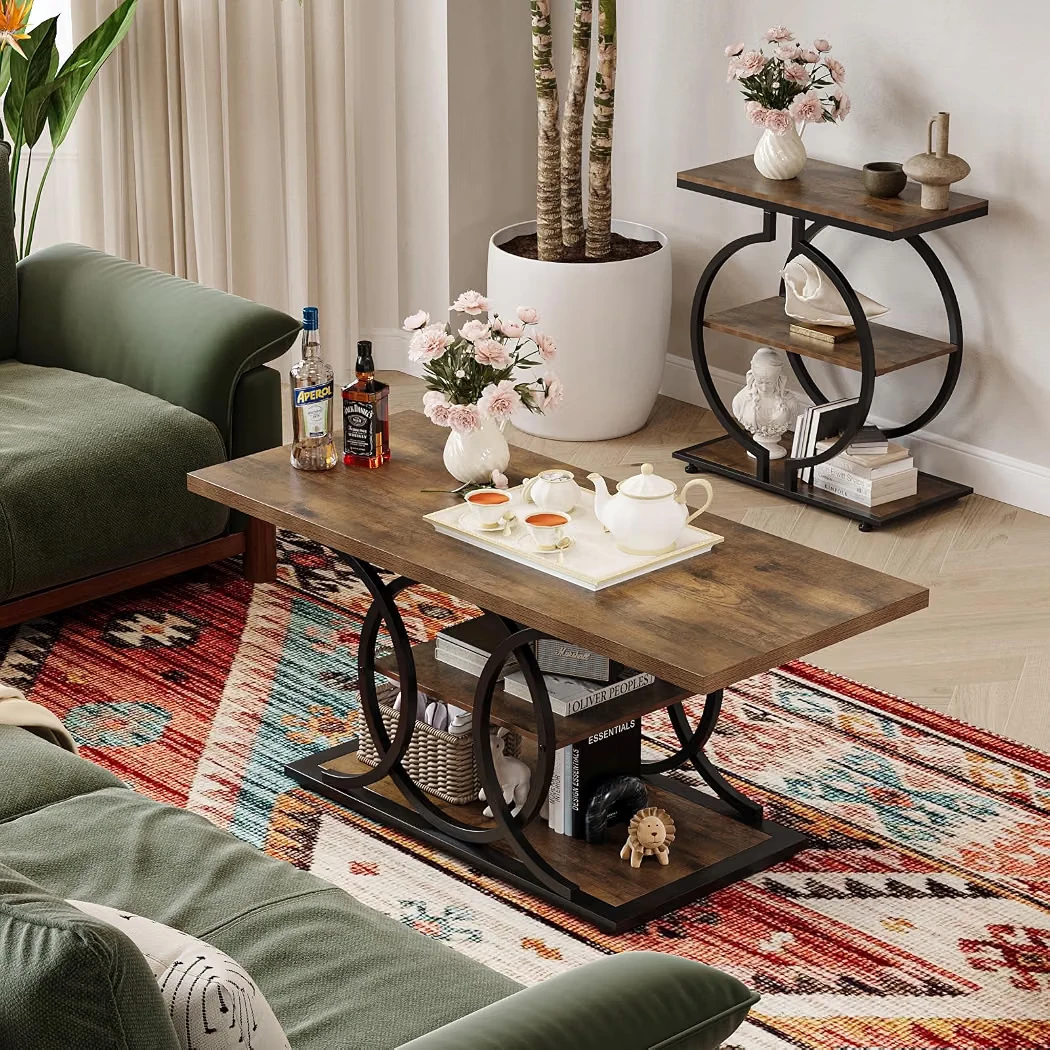 Rustic Wood Coffee Table with Storage Shelves