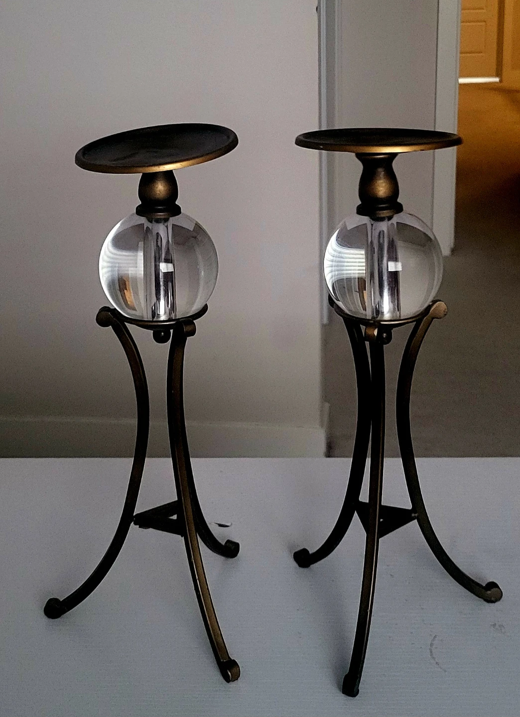 Set of 2 Bronze Metal & Glass Sphere Pillar Candle Holders - 14"