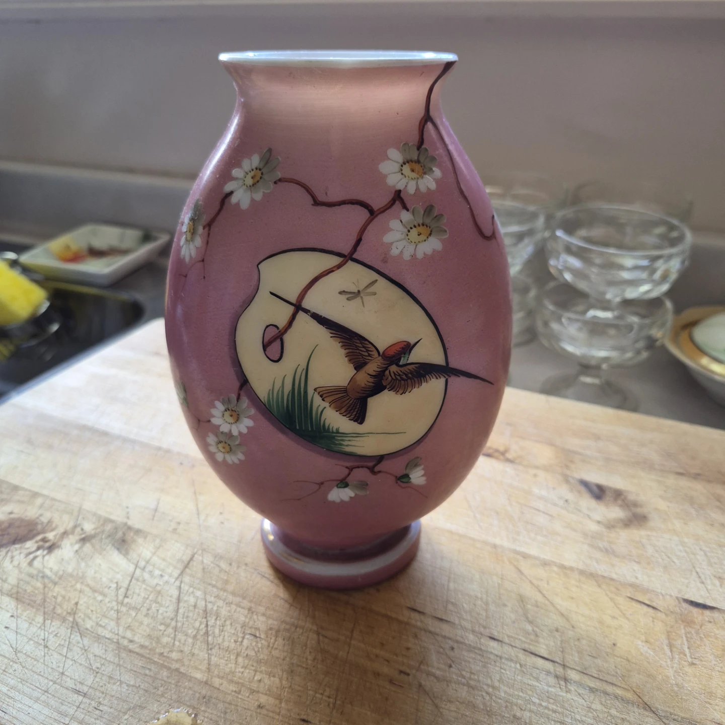 Vintage Hand-Painted Pink Floral Hummingbird Vase