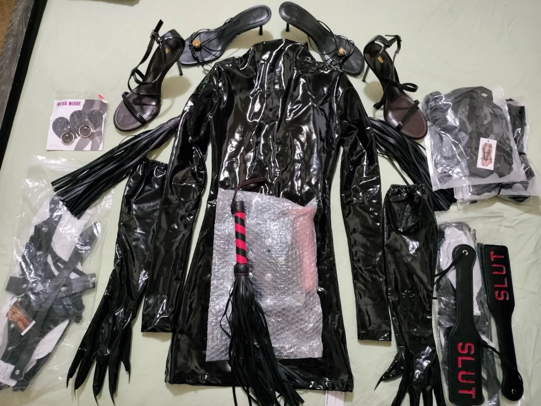 Black Vinyl sexual Costume with sex toys & Accessories Set