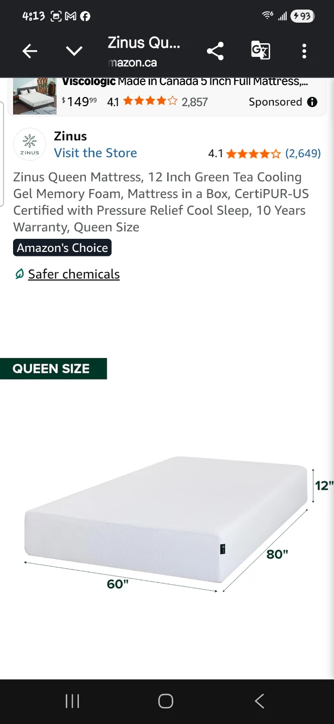 Zinus Queen Size 12 Inch Green Tea Memory Foam Mattress