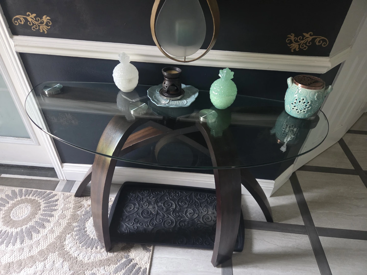Glass top console table with wood base - photo 2