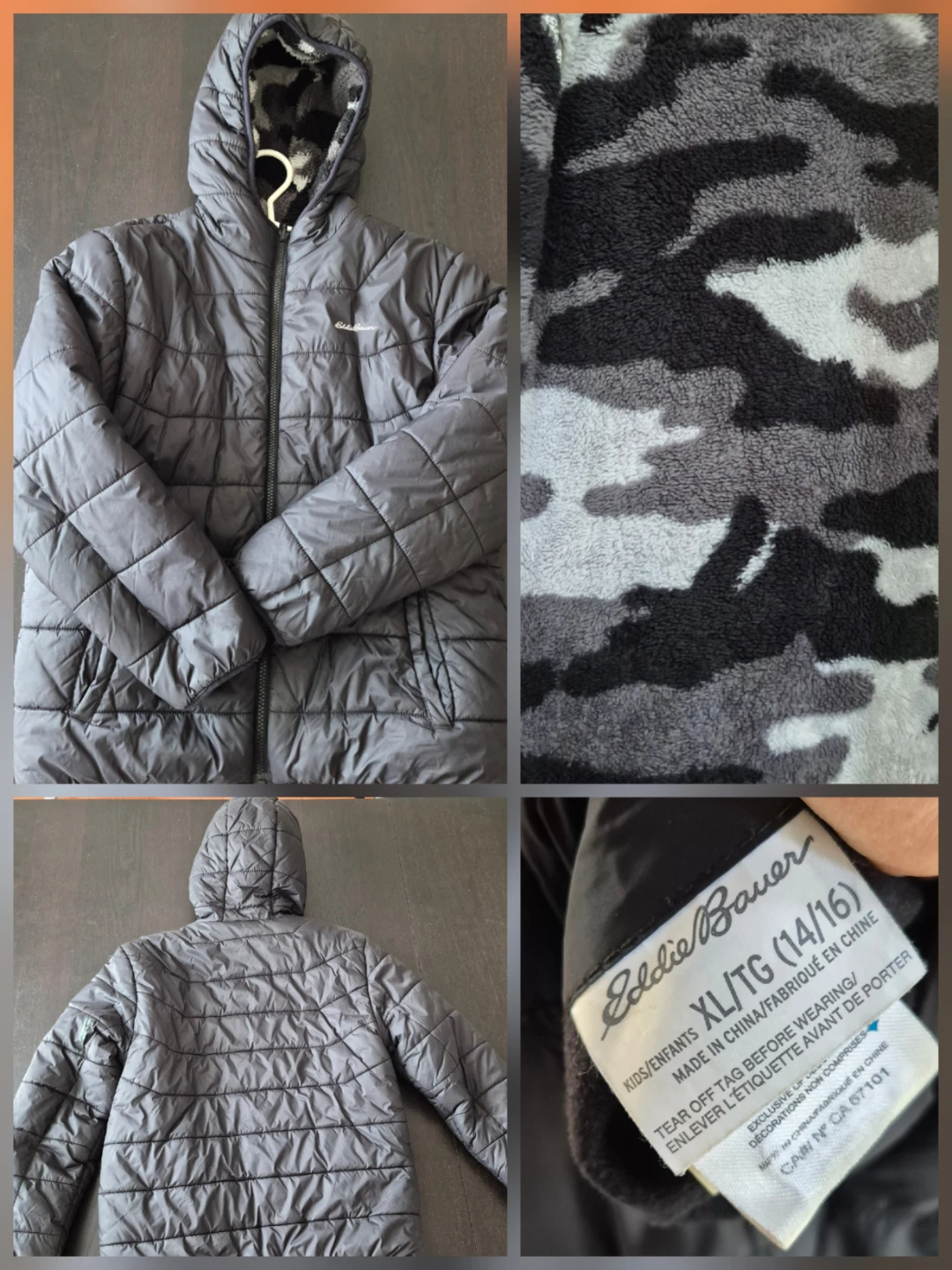Eddie Bauer reversible jacket. Black with camo, kids size 14/16.