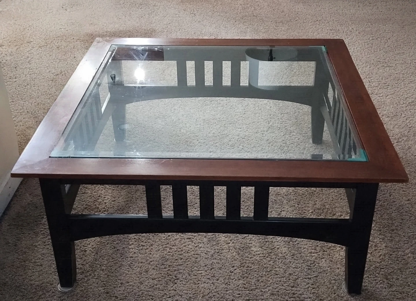 Ethan Allen Mission Style Square Coffee Table with Glass Top