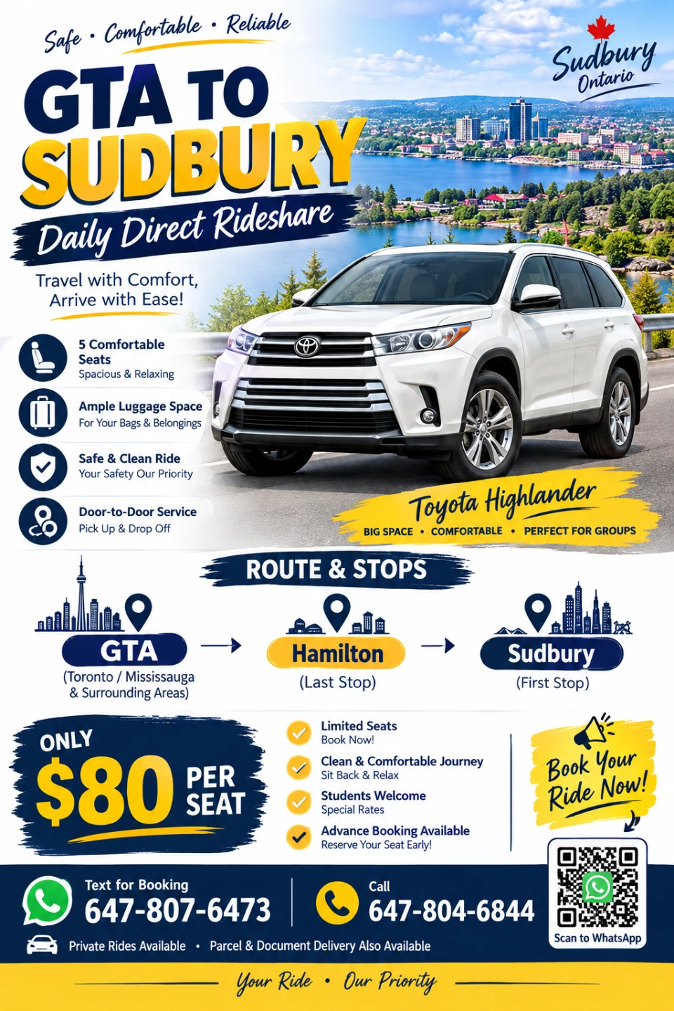 Sudbury to GTA ride available