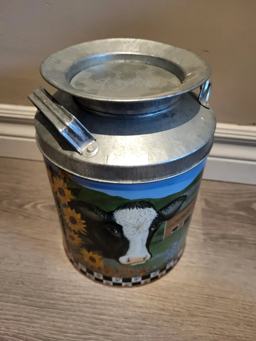 Decorative Tin Milk Can with Cow Design
